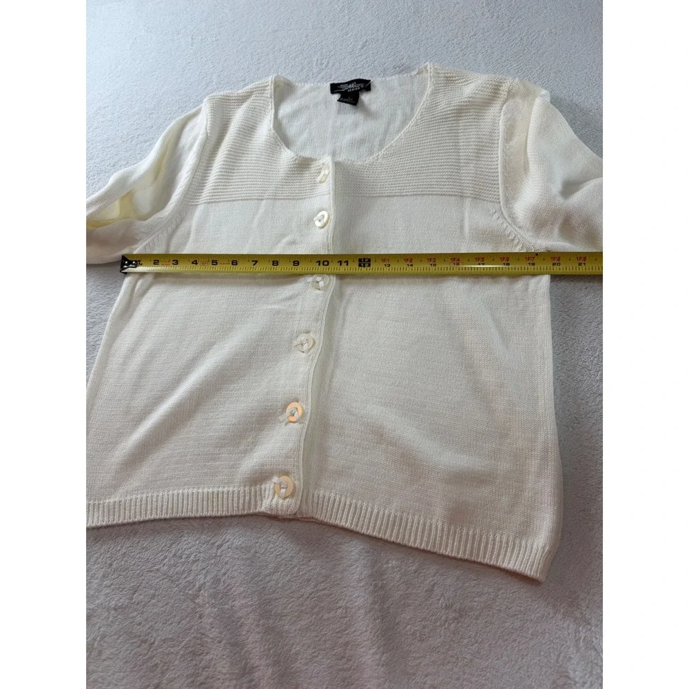 SML Design Cream Ivory Button Front Cardigan Sweater Textured Yoke 3/4 Sleeve L